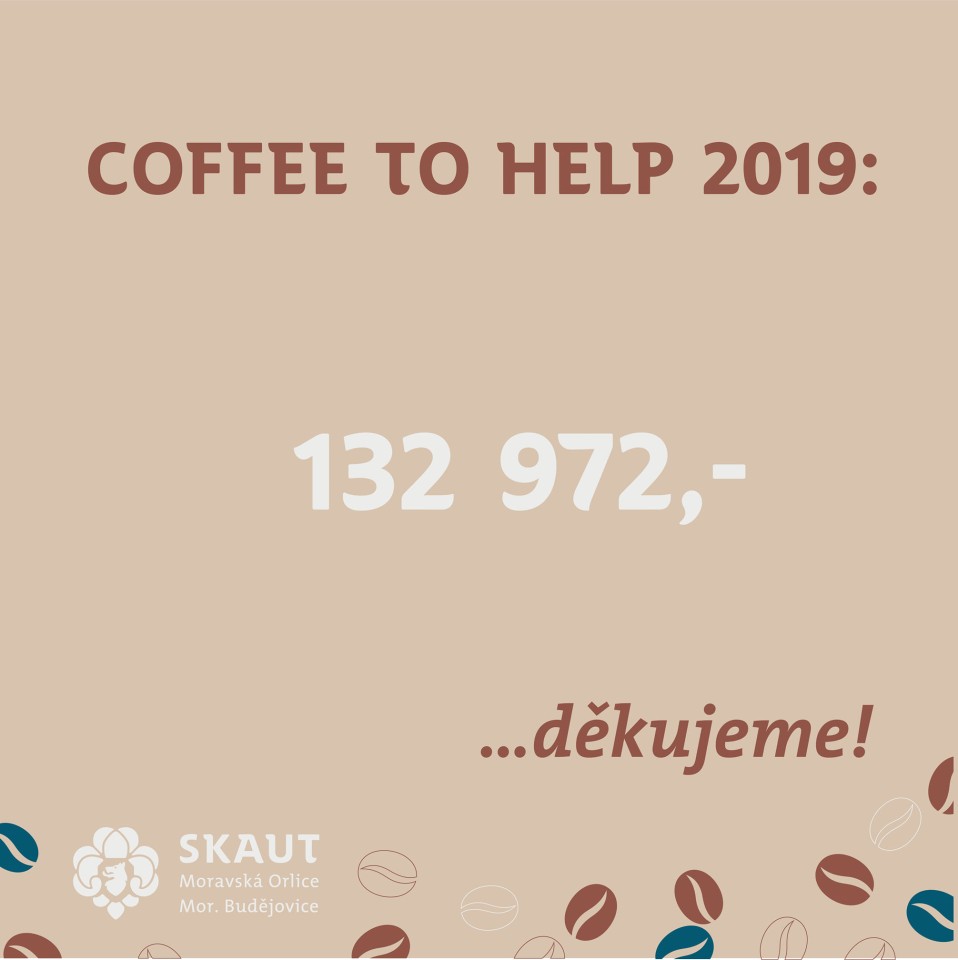 Může jít o obrázek text, kde se píše COFFEE το HELP 2019: 132 972,- SKAUT MoravskaOrlice Mor. or.Budejovice Budejovice ...dekujeme!